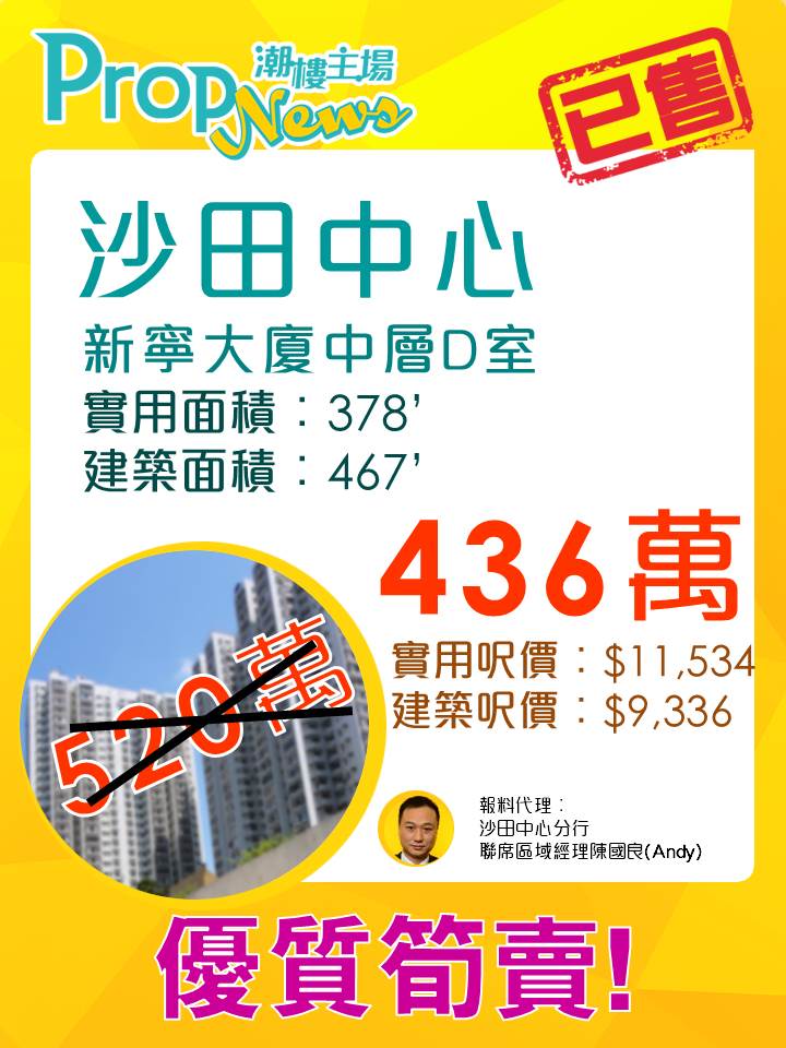 沙田中心優質單位 2個月減84萬筍價沽