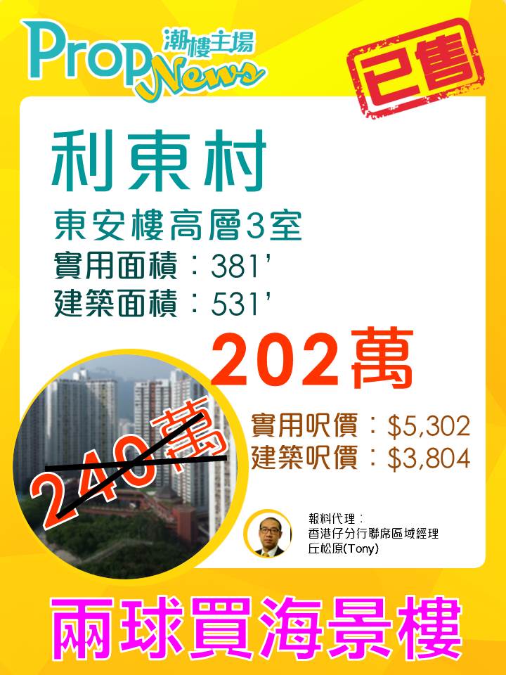 香港仔利東村綠表 202萬元買到海景戶 香港仔利東村綠表 202萬元買到海景戶
