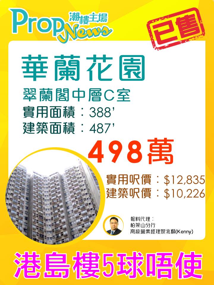 鰂魚涌華蘭花園388實呎唔使500萬 鰂魚涌華蘭花園388實呎唔使500萬