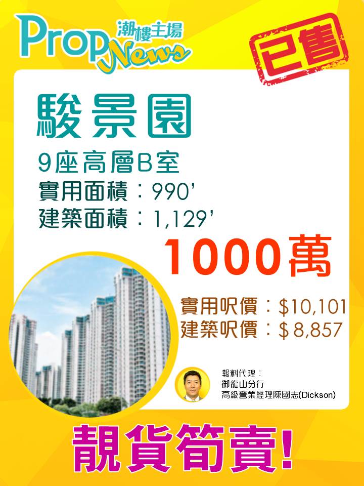 駿景園「玻璃屋」特色戶成交僅1,000萬 較去年初平逾1成半!