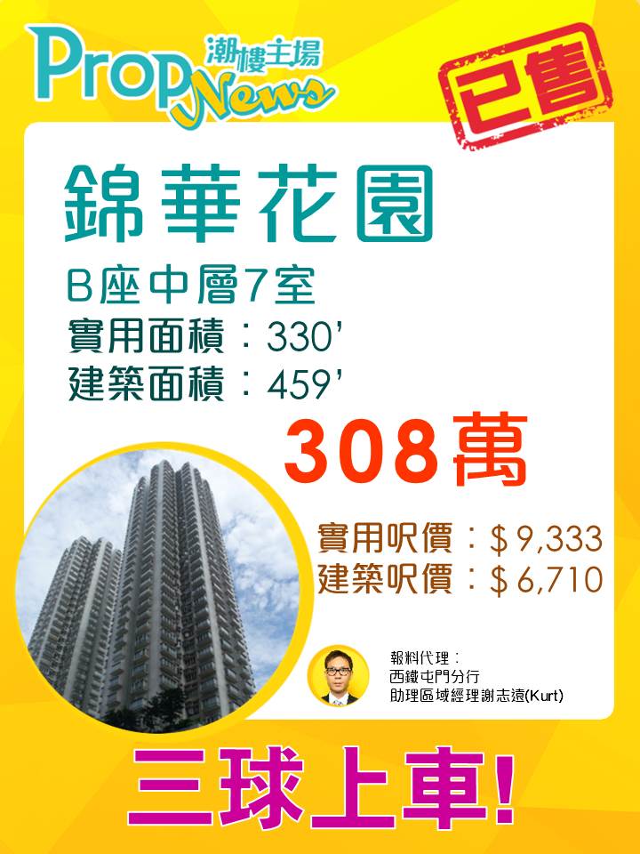 屯門錦華花園造價僅308萬元 創1年新低！