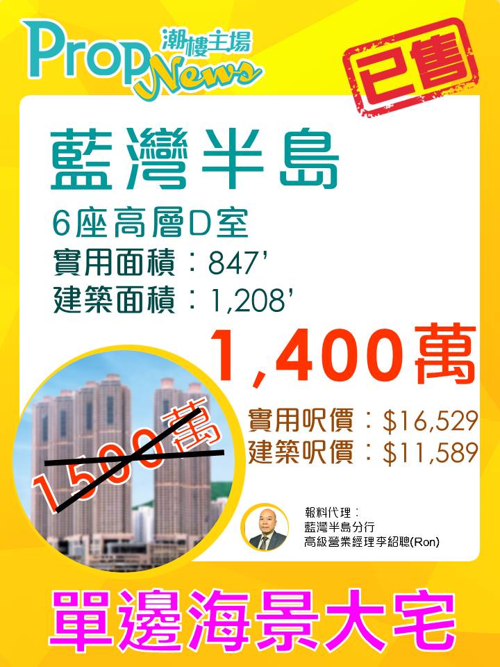 可遇不可求 藍灣半島單邊大宅1,400萬有交易