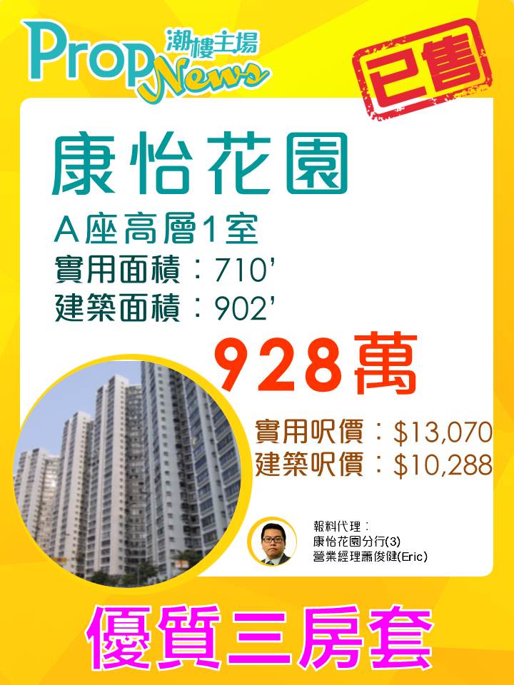 康怡花園710實呎三房套筍價唔駛1000萬
