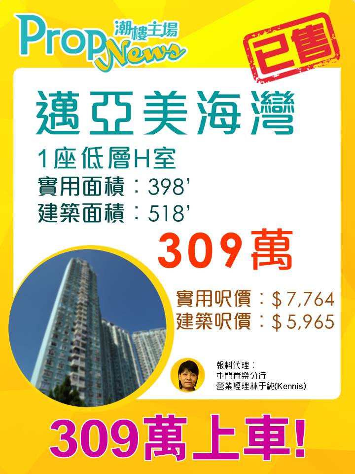 屯門3字頭成交 邁亞美海灣僅造309萬元