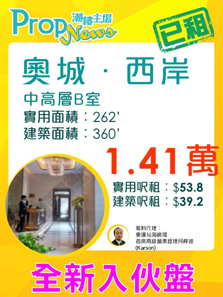 奧城．西岸頻錄租賃成交 1房月租約1.41萬