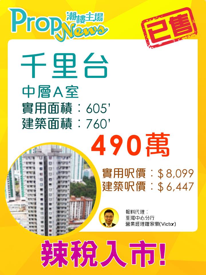 用家付近30萬元DSD辣稅購荃灣千里台三房戶