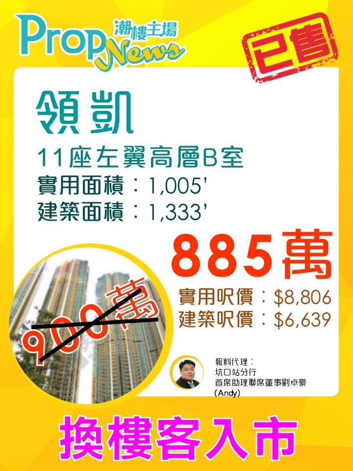 換樓客885萬購領凱4房
