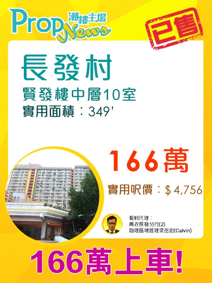 1字頭上車！青衣公屋長發村綠表成交166萬元