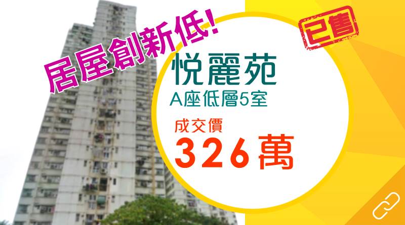 葵涌悅麗苑兩房戶326萬元創7個月新低！